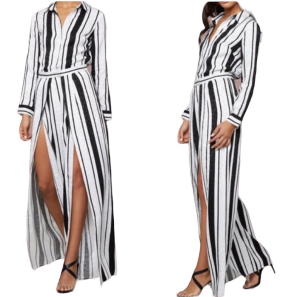 Bebe black white leopard stripe long sleeve collared split front jumpsuit size 0